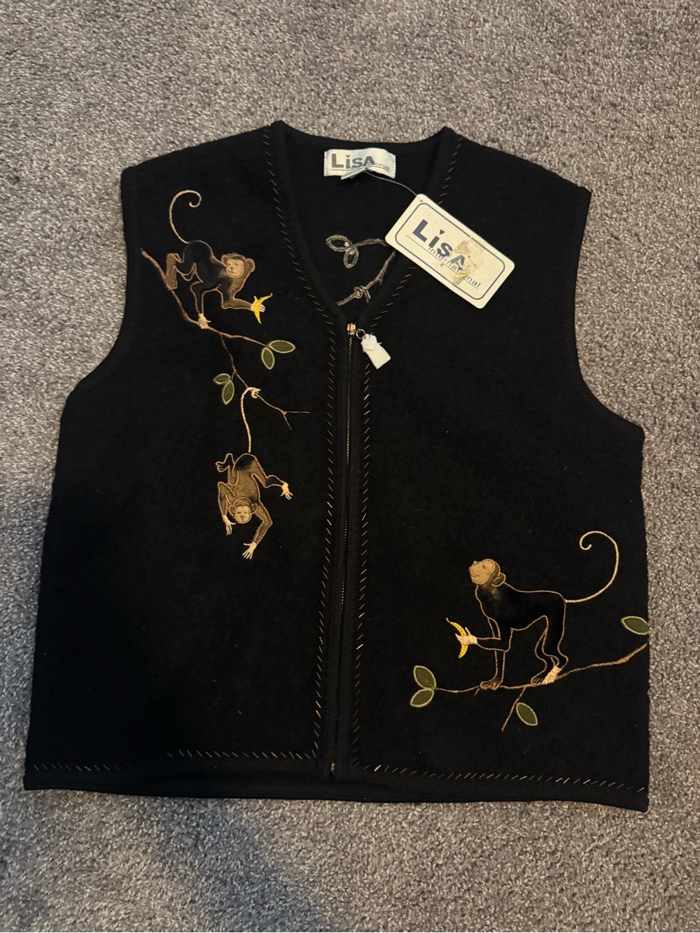 Lisa International Black Embroidered Monkey Vest - 100% Boiled Wool